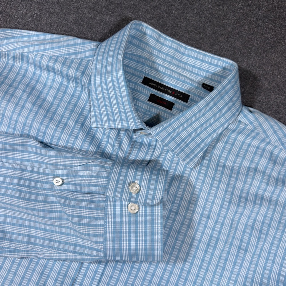 John Varvatos USA Dress Shirt Mens 17 36/37 Blue Plaid Slim Fit Long Sleeve